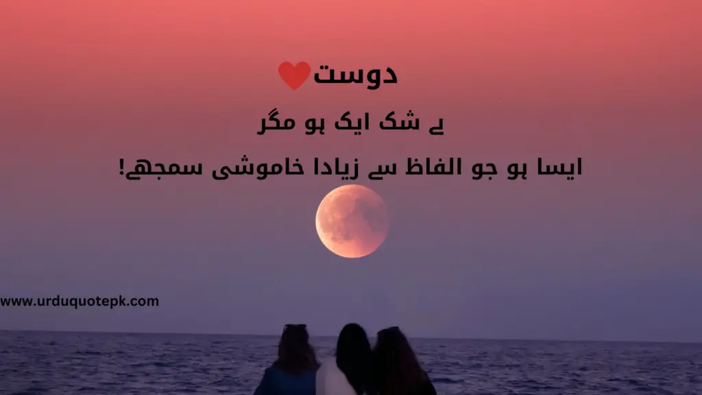 A Picture of friends sitting near sea and looking to moon with Friendship urdu quotes